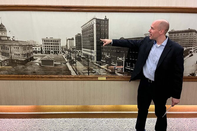 Tulsa History Tour with Oil Baron's Tunnel - Stop 2 at the Kennedy Building: a marbled lobby break with a quirky statue